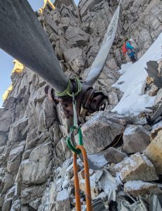 Belay at the propeller in fuselage gully, Beinn Eighe